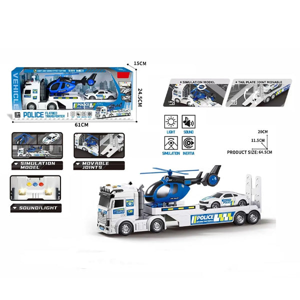Camion de police avec hélicoptère et voiture