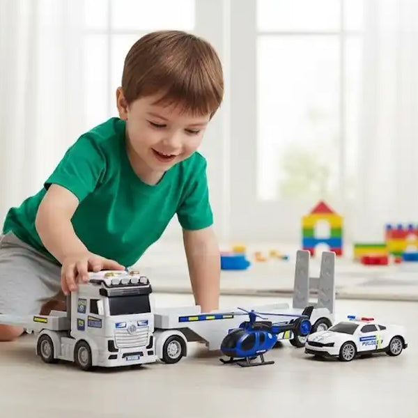 Camion de police avec hélicoptère et voiture