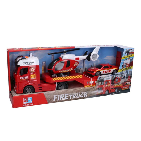 Camion de pompier avec hélicoptère et voiture