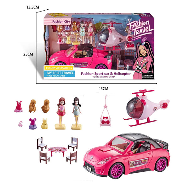 Coffret poupées voyage avec voiture et hélicoptère