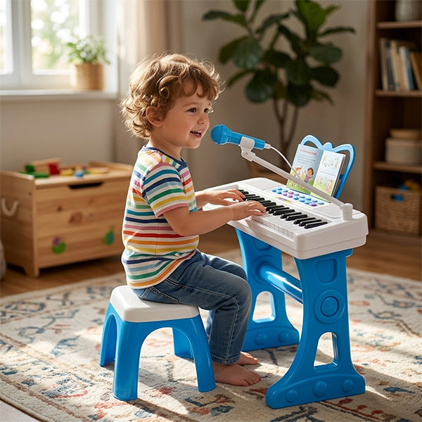 Baroni Toys Clavier électronique 37 Touches – Avec Tabouret Et Microphone – Sons, Rythmes, Enregistrement – Cadeau Musical Enfant 3+