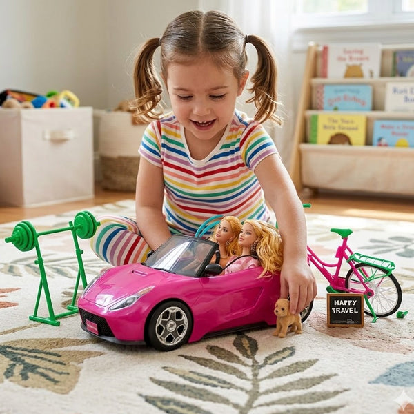Poupée avec voiture et vélo