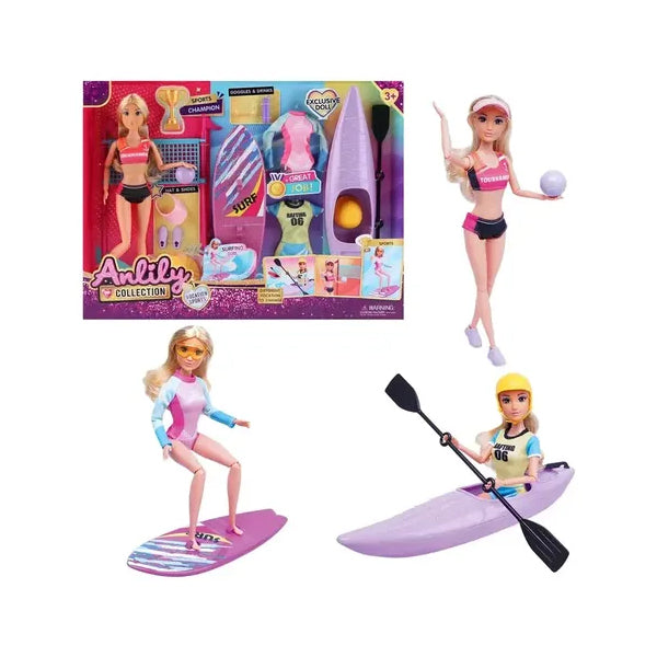 Anlily - Pack poupée sportive avec planche de surf