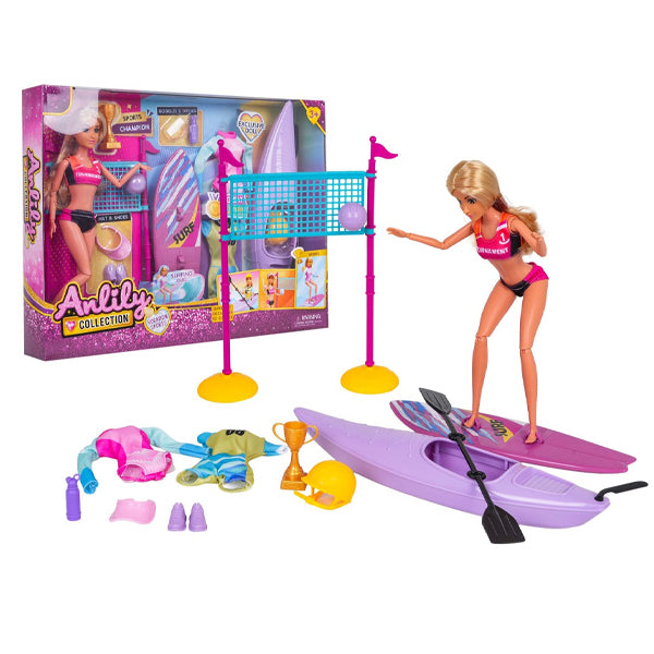 Anlily - Pack poupée sportive avec planche de surf