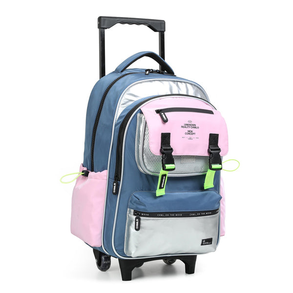 CHIMOLA - Grand Cartable à roulettes bleu rose 45cm