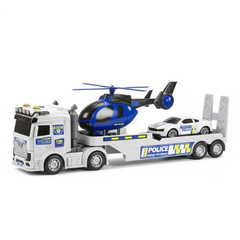 Camion de police avec hélicoptère et voiture