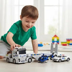 Camion de police avec hélicoptère et voiture