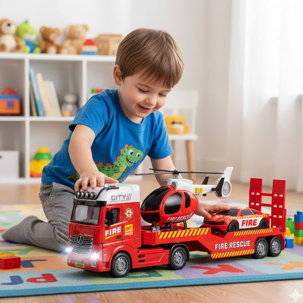 Camion de pompier avec hélicoptère et voiture