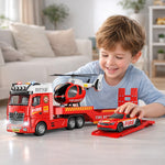 Camion de pompier avec hélicoptère et voiture