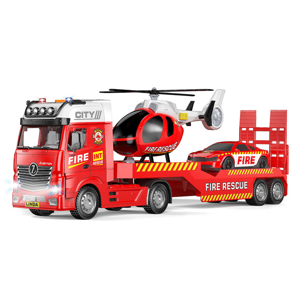 Camion de pompier avec hélicoptère et voiture