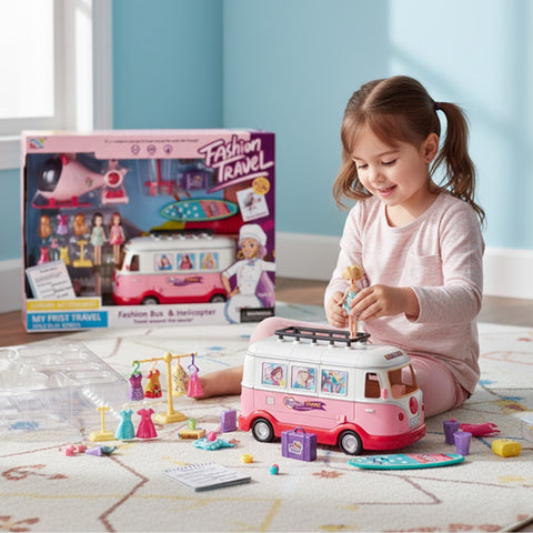 Coffret poupées voyage avec bus et hélicoptère