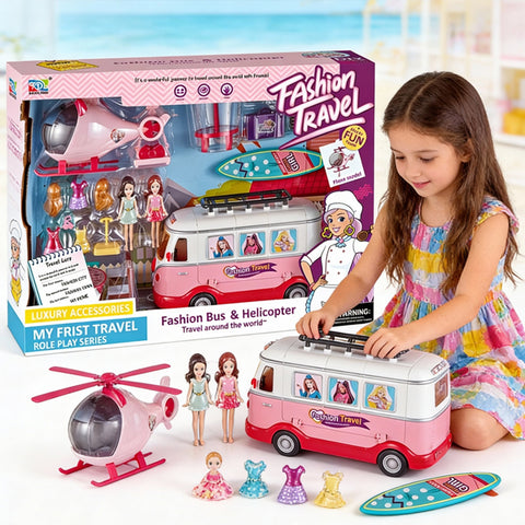 Coffret poupées voyage avec bus et hélicoptère
