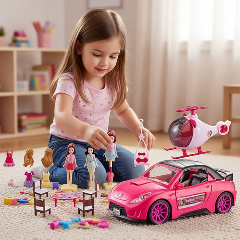 Coffret poupées voyage avec voiture et hélicoptère