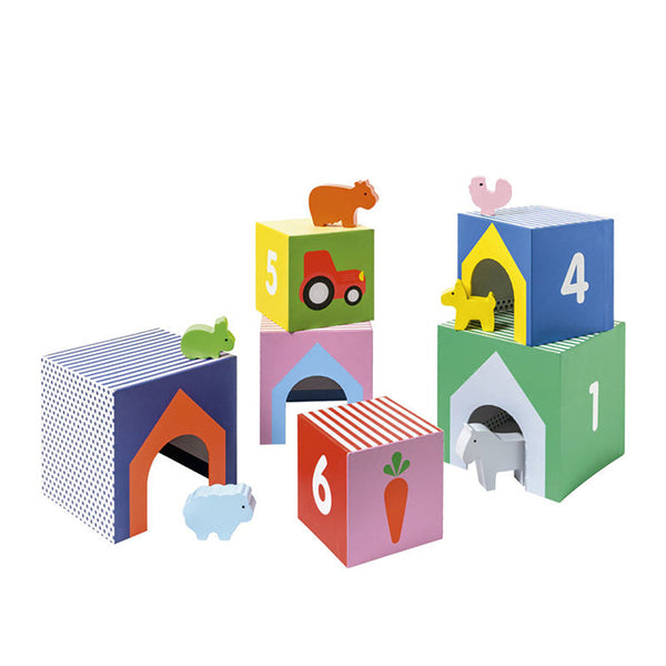 OXYBUL - Cubes imagiers empilables et animaux en bois