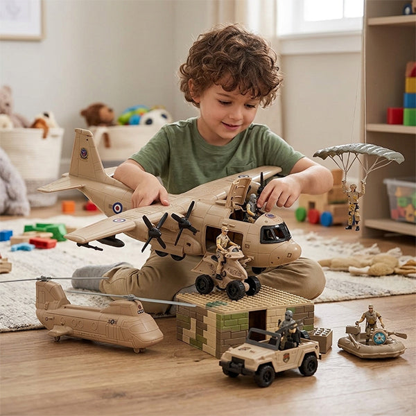 Grand avion militaire avec figurines et véhicules