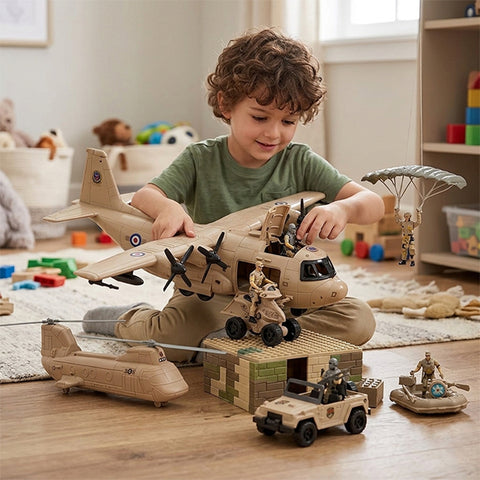 Grand avion militaire avec figurines et véhicules