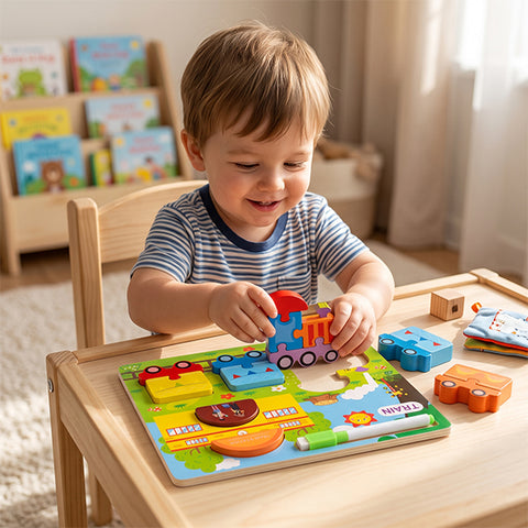 Petit puzzle train en bois avec ardoise