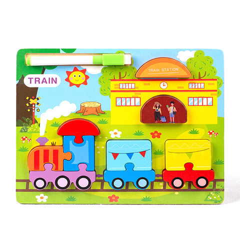 Petit puzzle train en bois avec ardoise