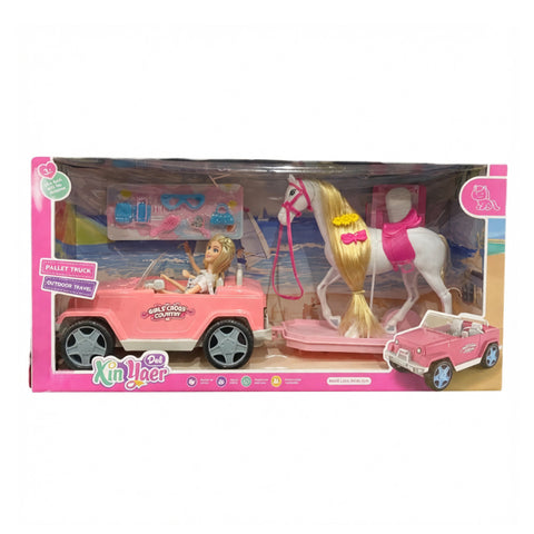 Poupée avec grande voiture et cheval remorqué