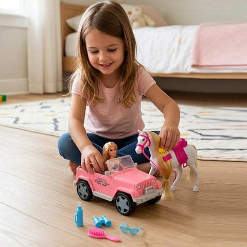 Poupée avec grande voiture et cheval remorqué