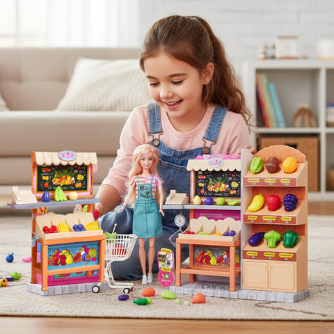 Poupée avec stand de fruits et légumes