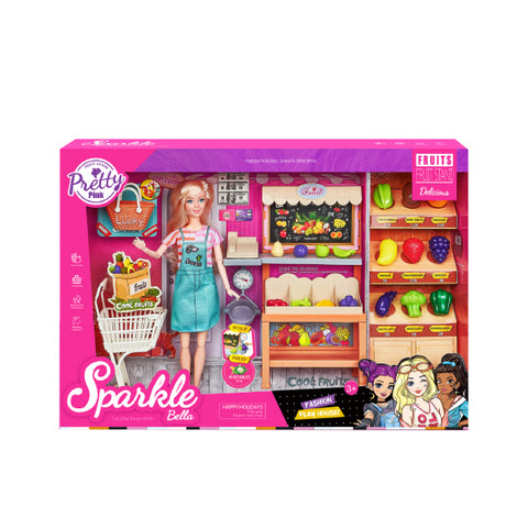 Poupée avec stand de fruits et légumes