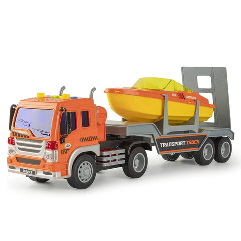 Camion transporteur de bateau orange