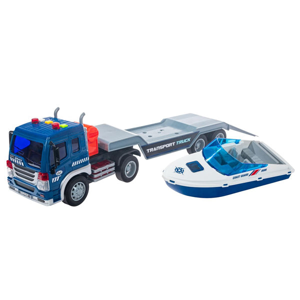 Camion transporteur de bateau bleu –